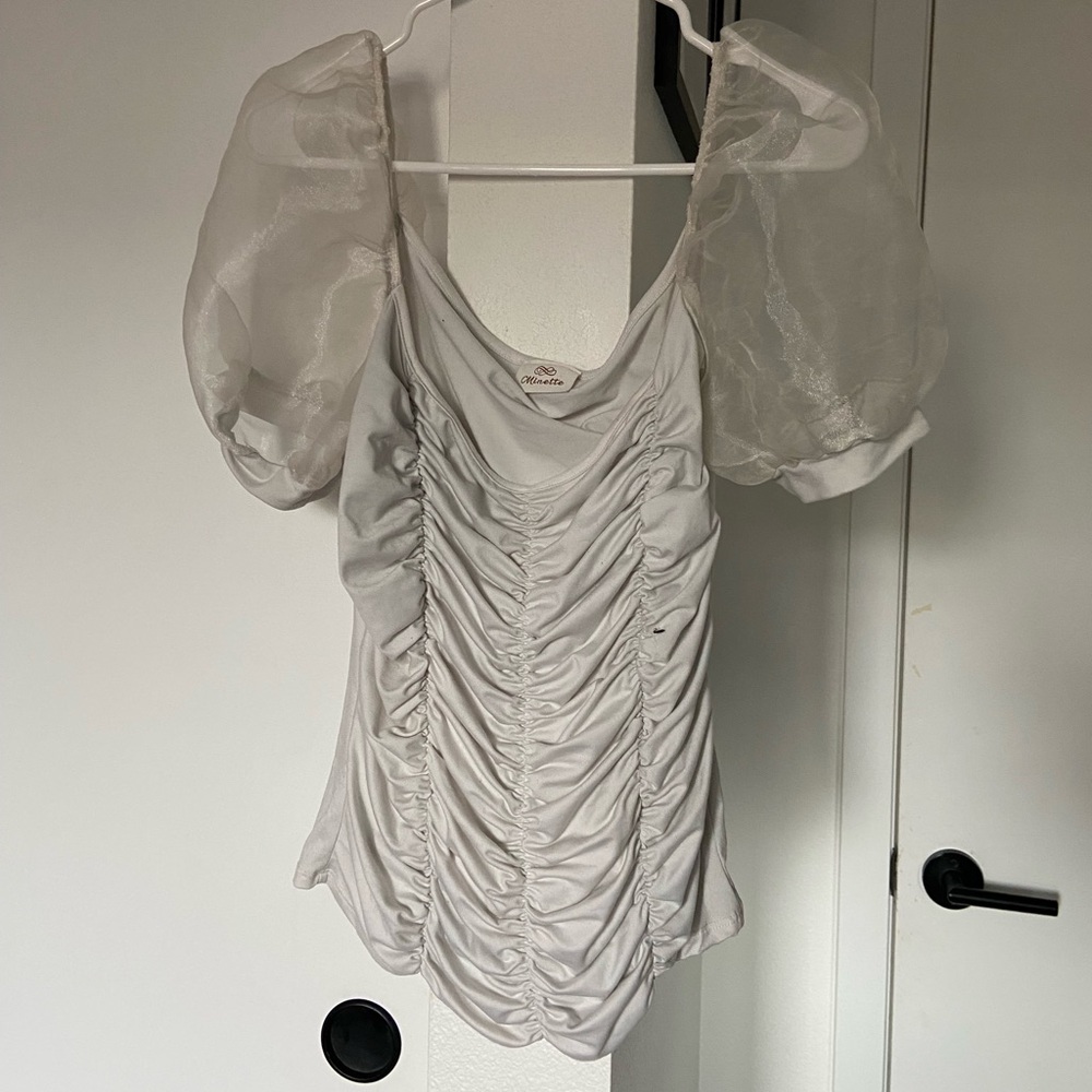Minette Silver Satin Ruched Top with Sheer Puff Sleeves